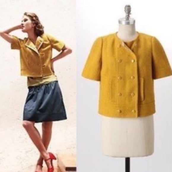 Anthropologie Jackets & Blazers - Anthro Cidra Yellow Crop Tweed Blazer Jacket sz 2